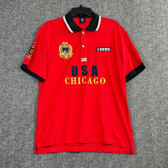 Tusuo Men's Polo Size Large Chicago USA Embroidered Red - Picture 1 of 6
